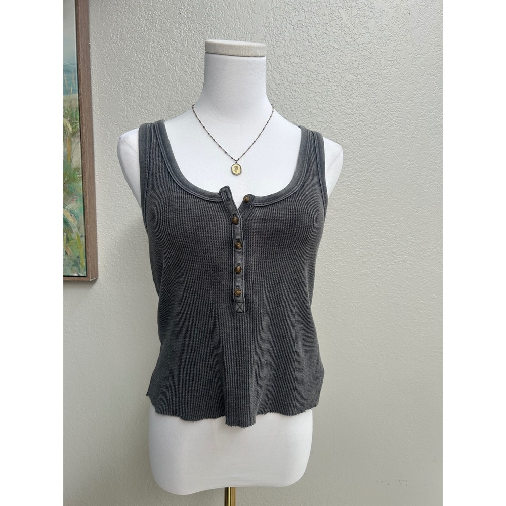 Aerie Gray Waffle Knit Henley Tank Top Sleeveless Ribbed Casual Large